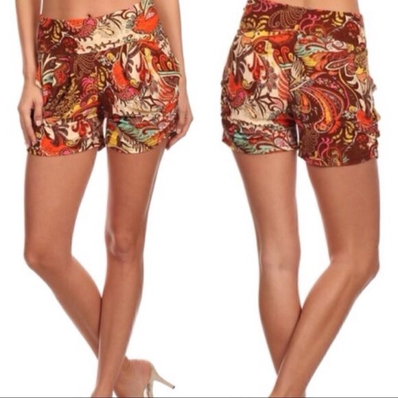 Orange Paisley High Waist Shorts with Draped Pockets - Picture 1 of 4
